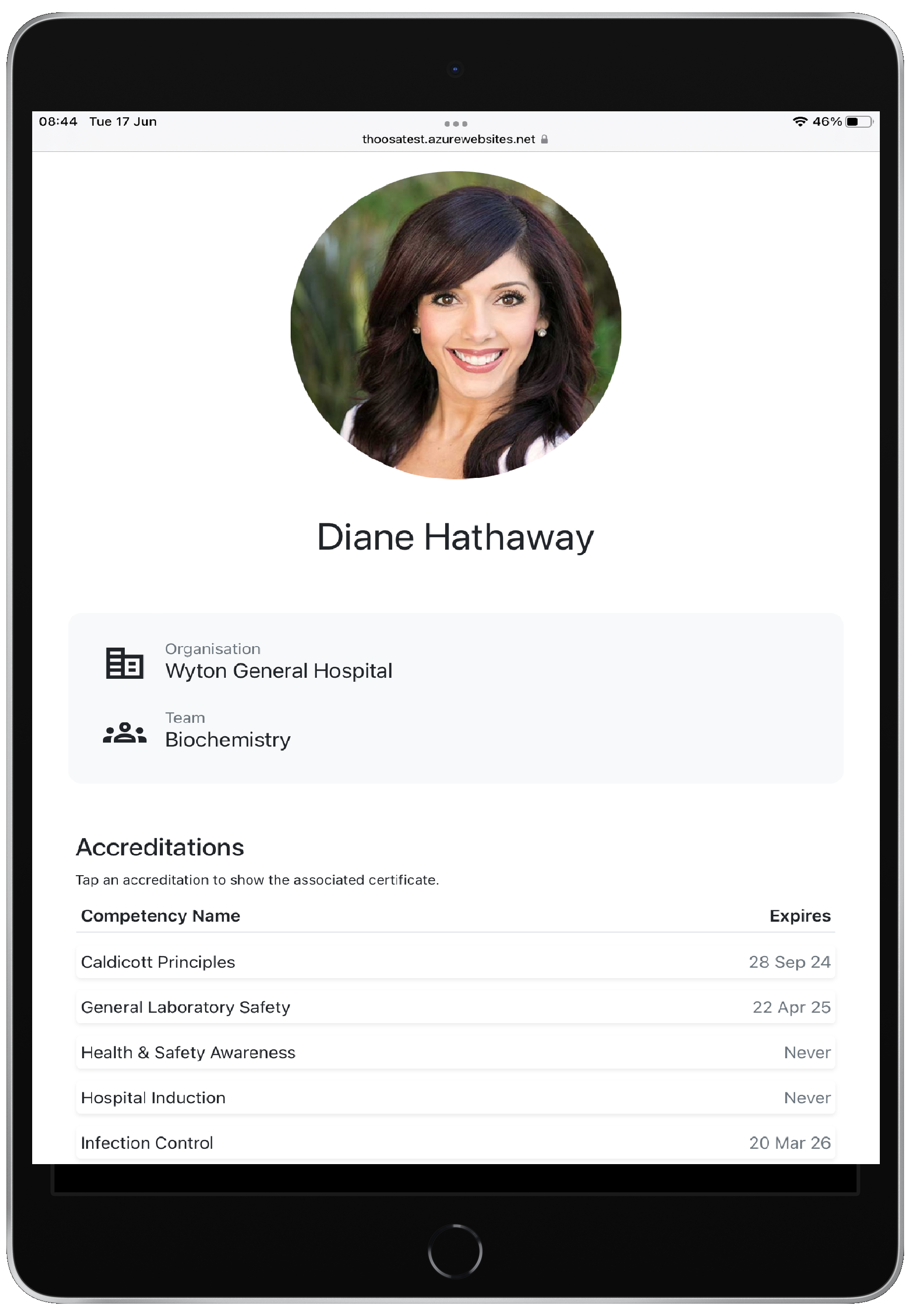Thoosa Screenshot: Staff accreditation details as seen via the Thoosa Passport